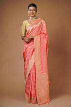 Flamingo Pink Woven Butti Saree in Muga Silk with Elephant and Peacock Motifs - pink silk saree