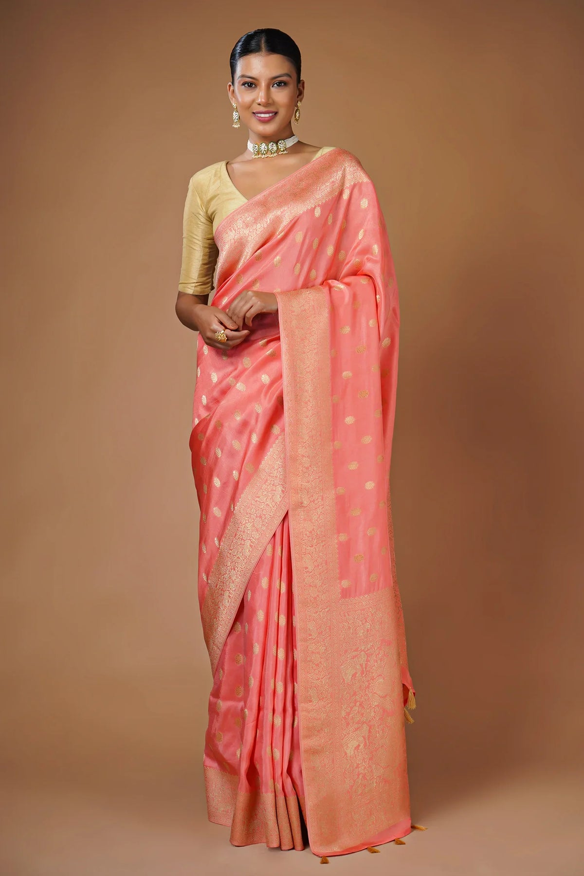 Flamingo Pink Woven Butti Saree in Muga Silk with Elephant and Peacock Motifs - pink silk saree
