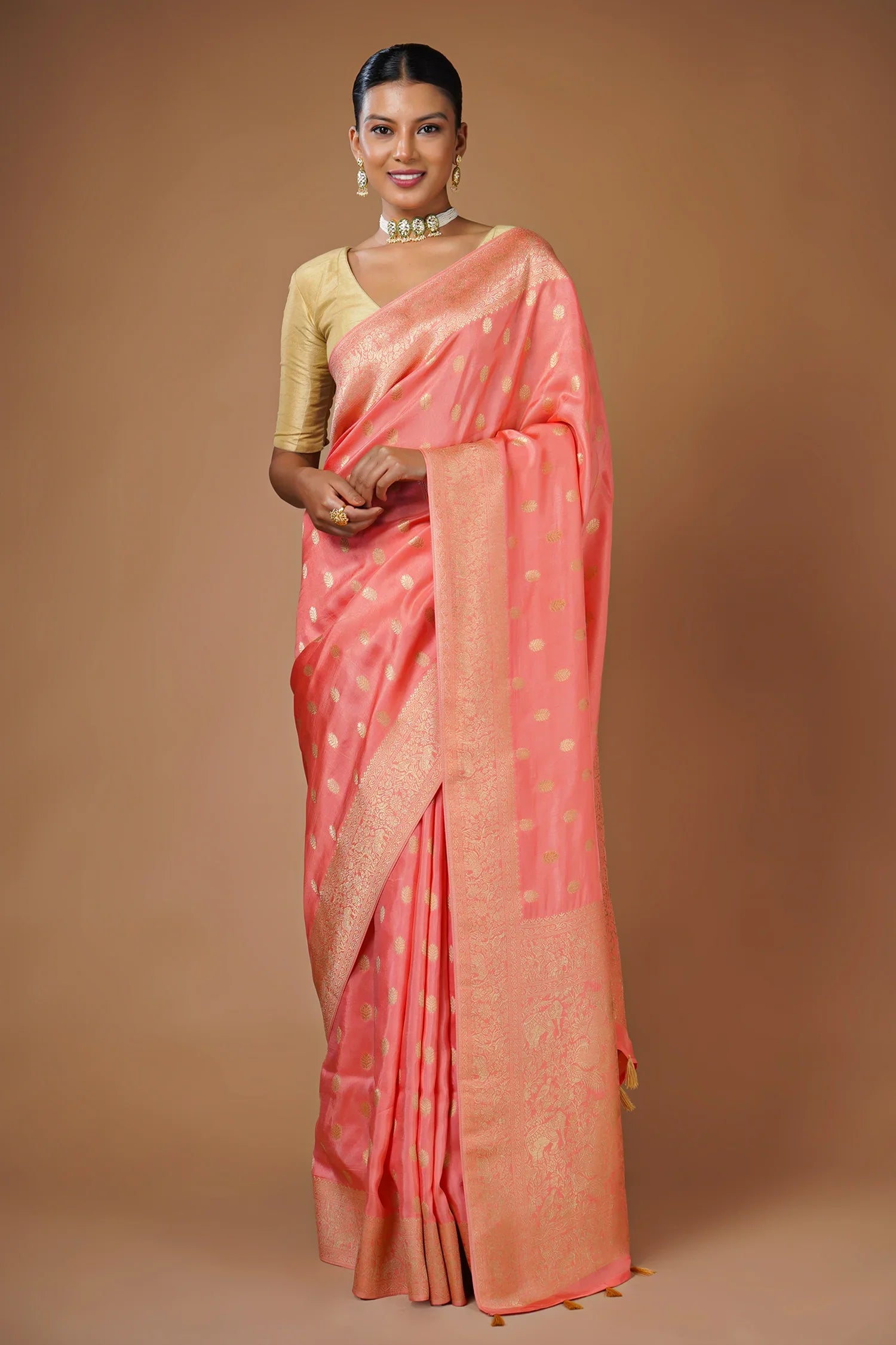Flamingo Pink Woven Butti Saree in Muga Silk with Elephant and Peacock Motifs - pink silk saree