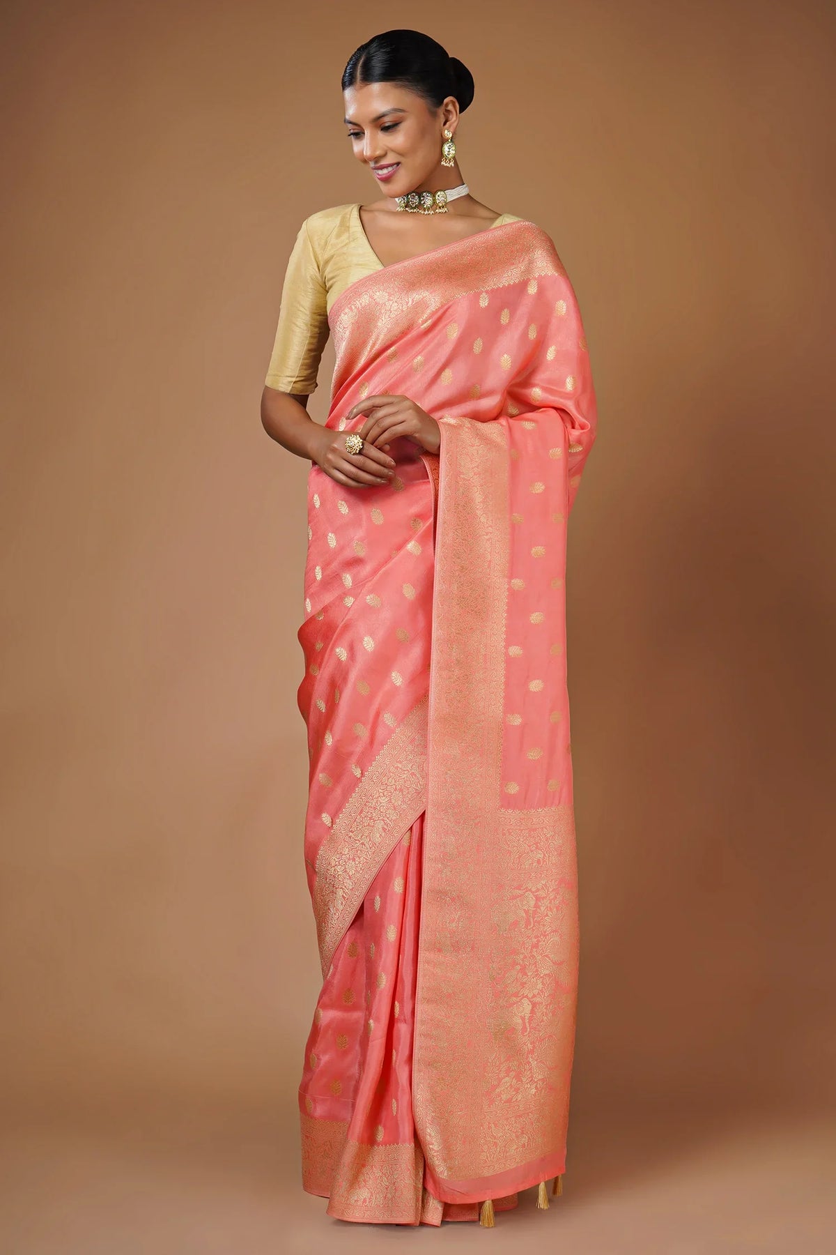 Flamingo Pink Woven Butti Saree in Muga Silk with Elephant and Peacock Motifs - pink silk saree