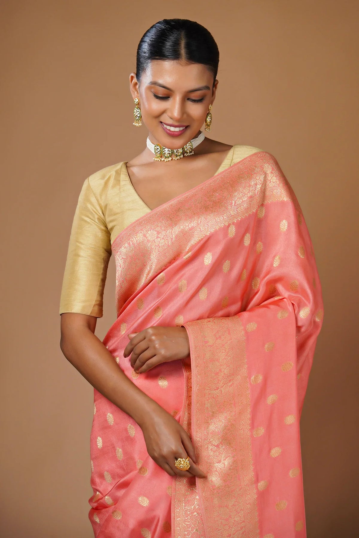 Flamingo Pink Woven Butti Saree in Muga Silk with Elephant and Peacock Motifs - pink silk saree