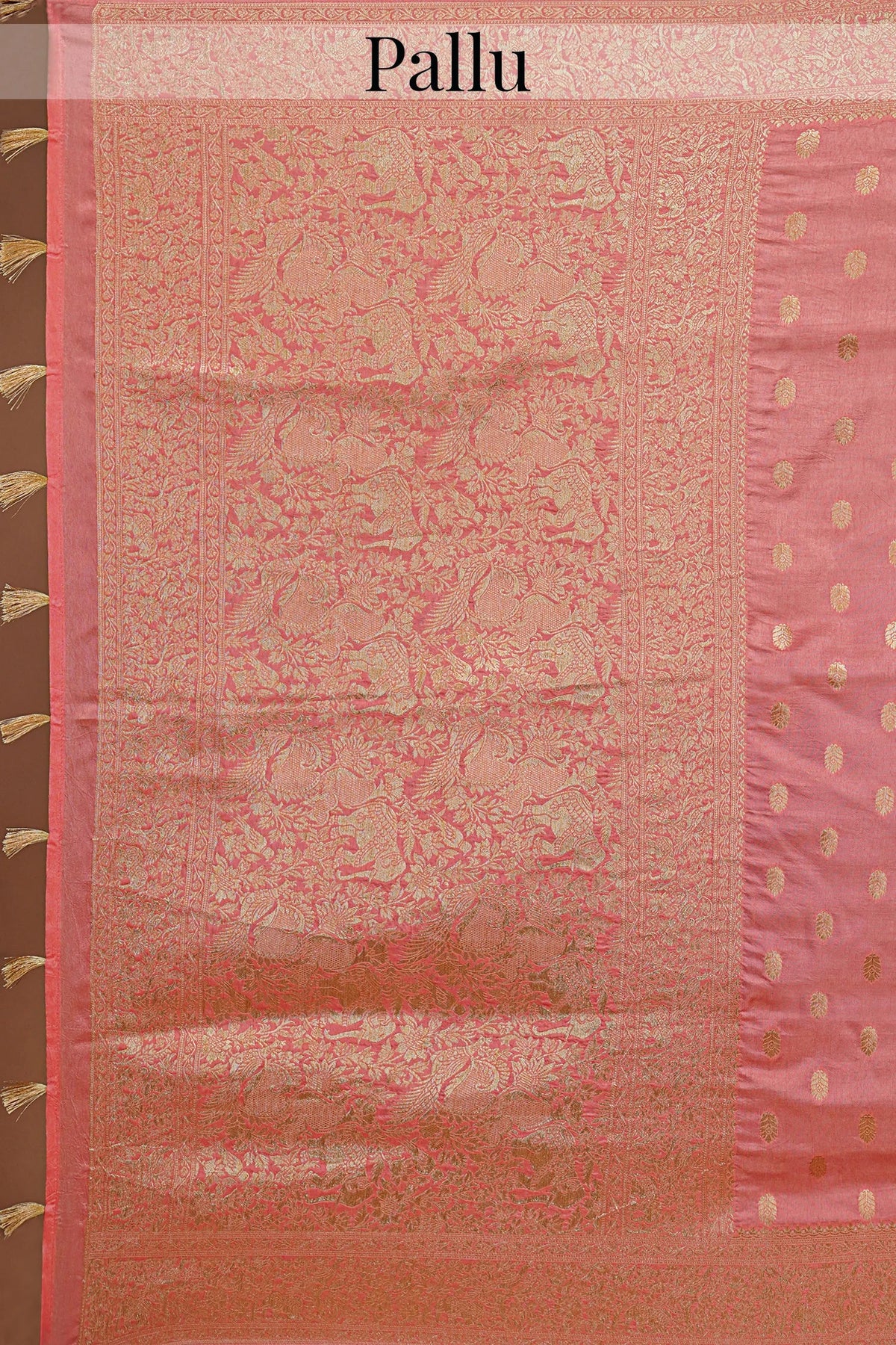 Flamingo Pink Woven Butti Saree in Muga Silk with Elephant and Peacock Motifs - pink silk saree