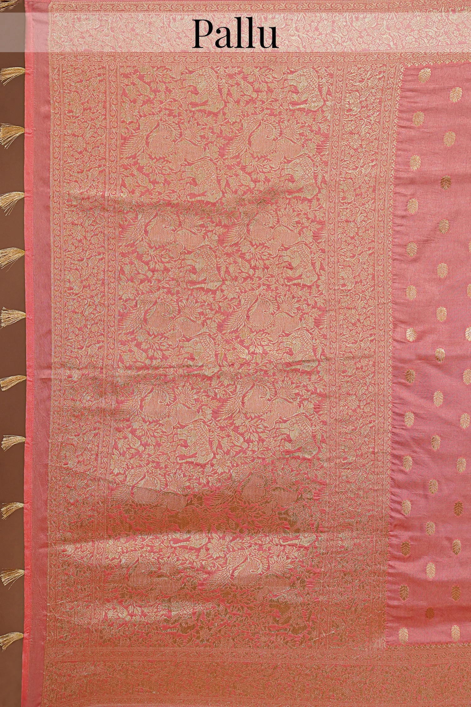 Flamingo Pink Woven Butti Saree in Muga Silk with Elephant and Peacock Motifs - pink silk saree