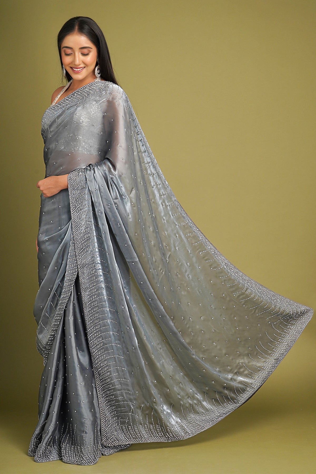 Grey Pearl and Diamond Work Embellished Saree in Organza - grey organza saree
