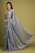 Grey Pearl and Diamond Work Embellished Saree in Organza - grey organza saree