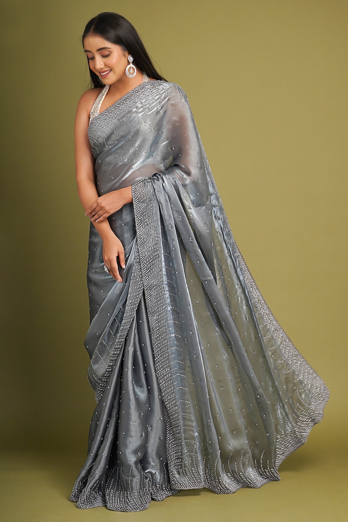 Grey Pearl and Diamond Work Embellished Saree in Organza - grey organza saree