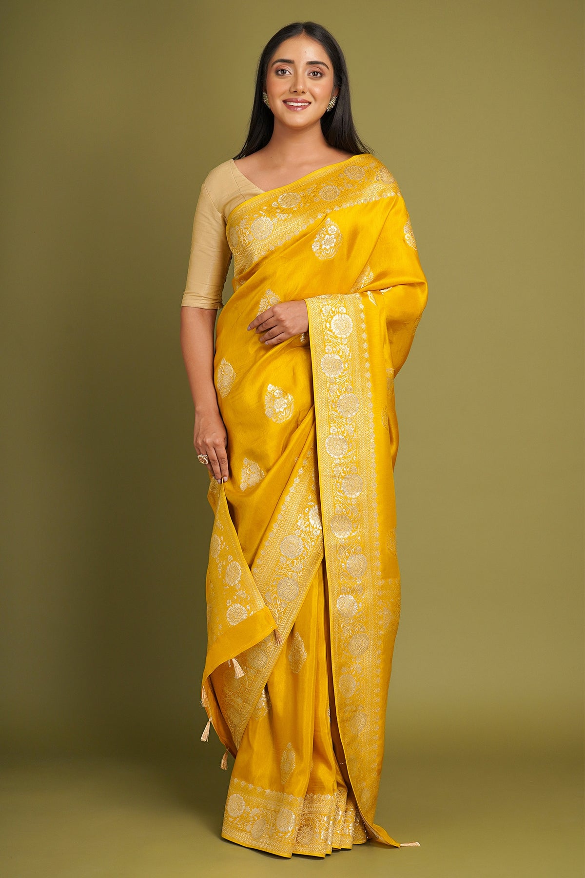 Mustard Traditional Floral Woven Saree in Art Silk - mustard silk saree