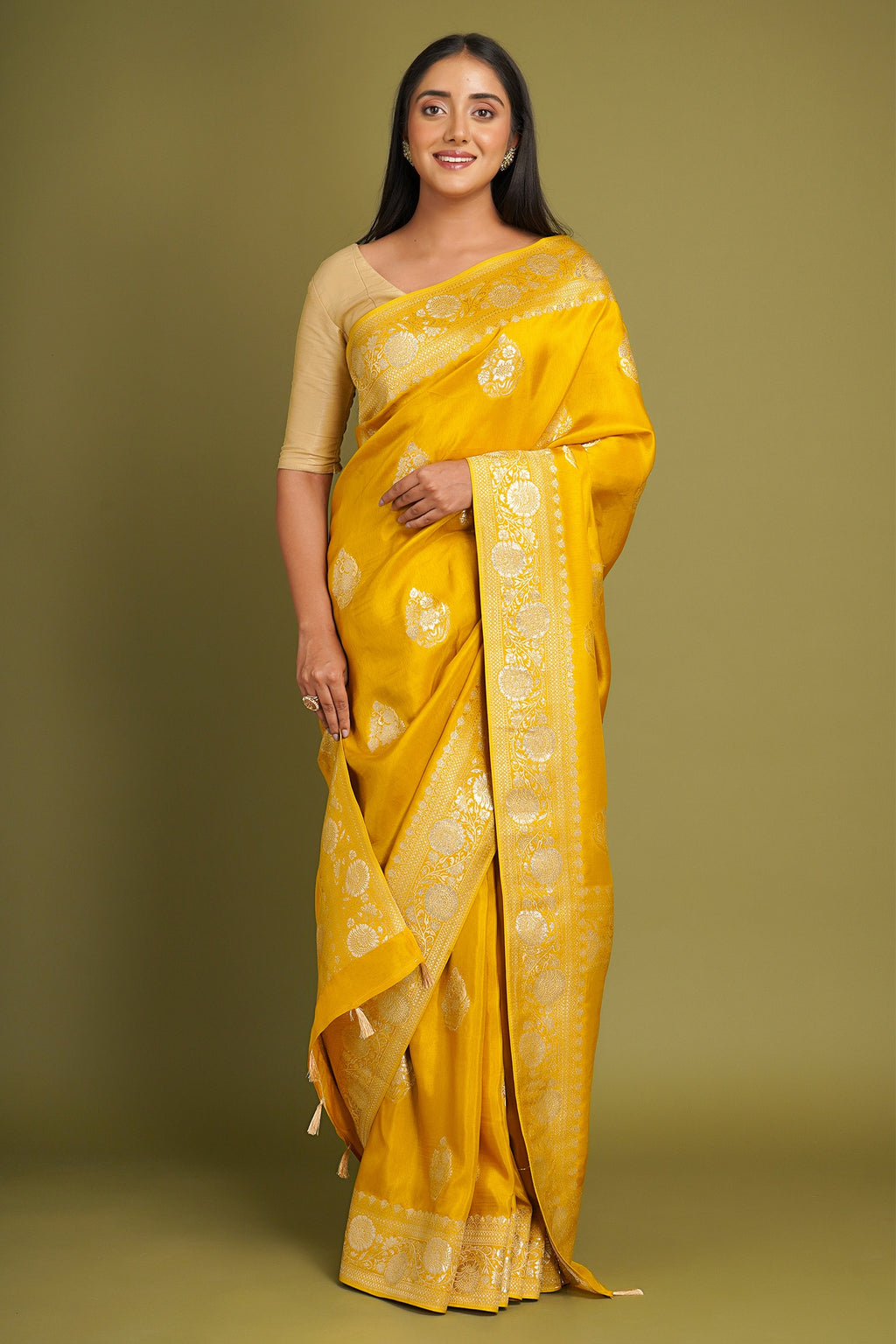 Mustard Traditional Floral Woven Saree in Art Silk - mustard silk saree