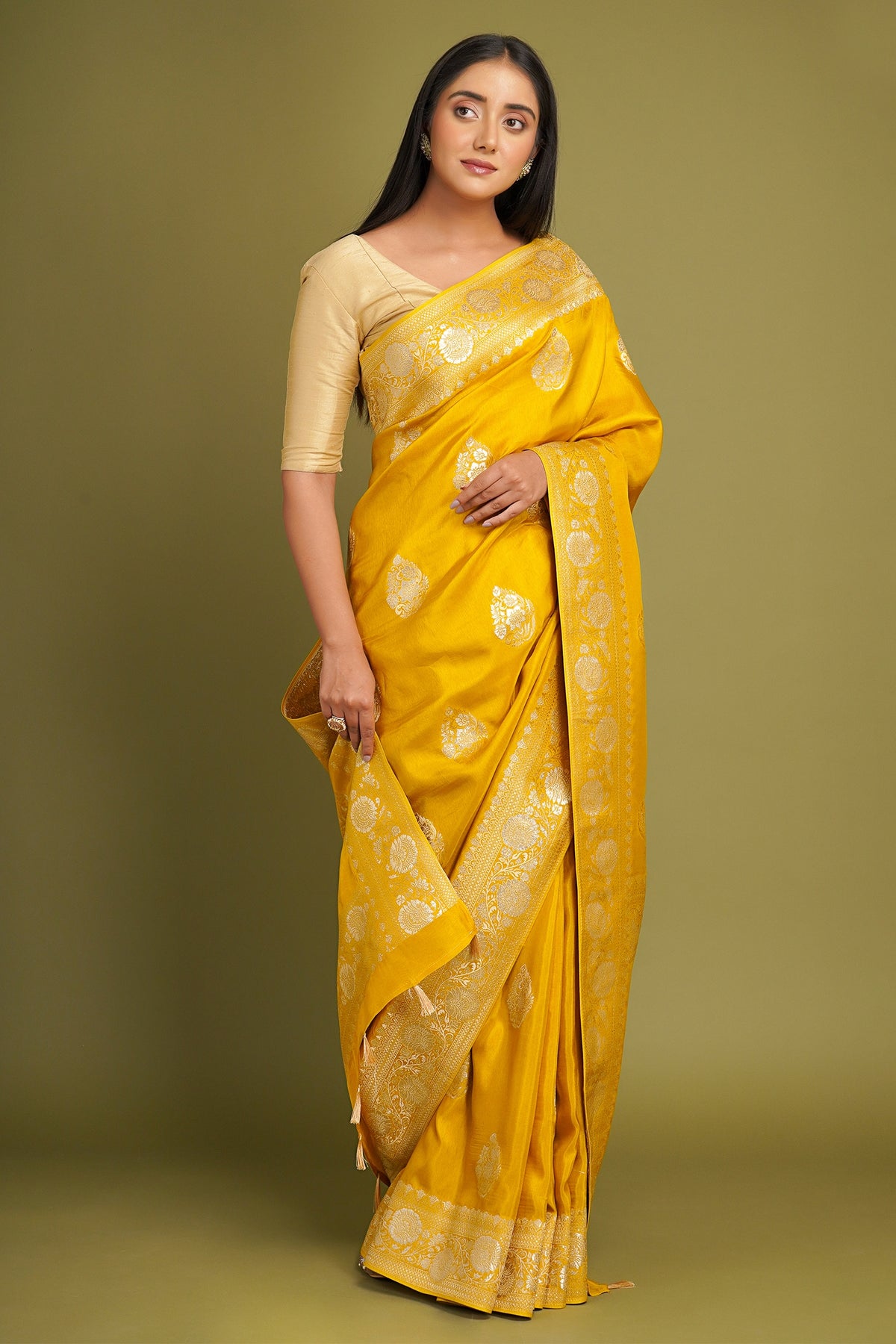 Mustard Traditional Floral Woven Saree in Art Silk - mustard silk saree