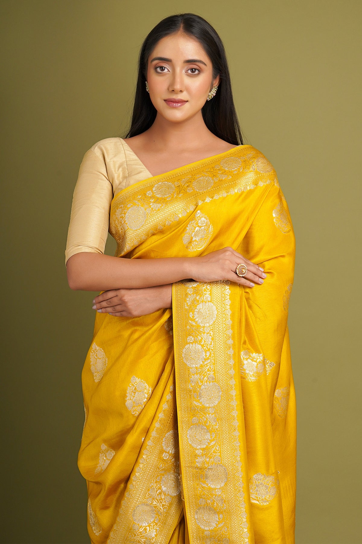 Mustard Traditional Floral Woven Saree in Art Silk - mustard silk saree