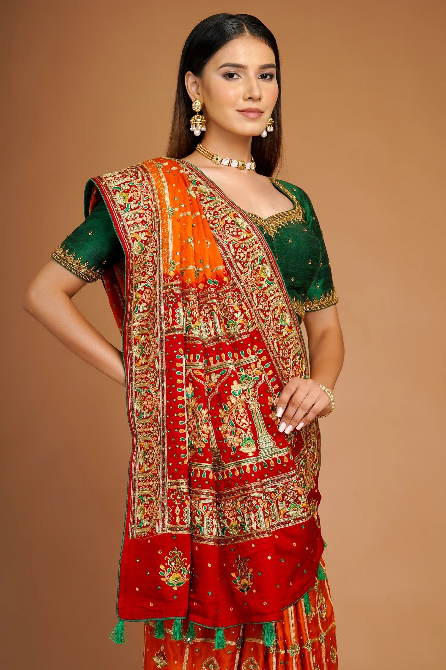 Orange Checks Embroidered Gharchola Saree in Silk with Contrast Border and Pallu