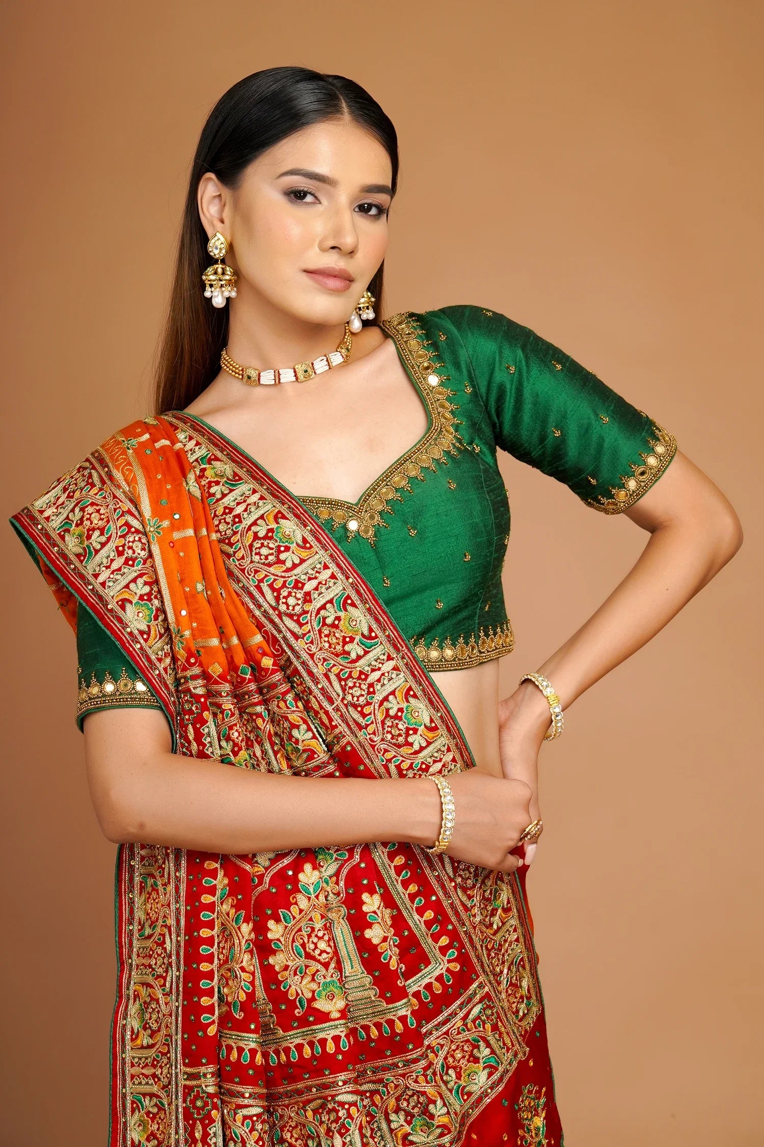 Orange Checks Embroidered Gharchola Saree in Silk with Contrast Border and Pallu