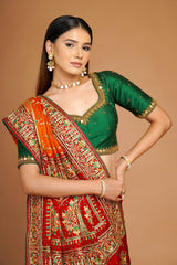 Orange Checks Embroidered Gharchola Saree in Silk with Contrast Border and Pallu