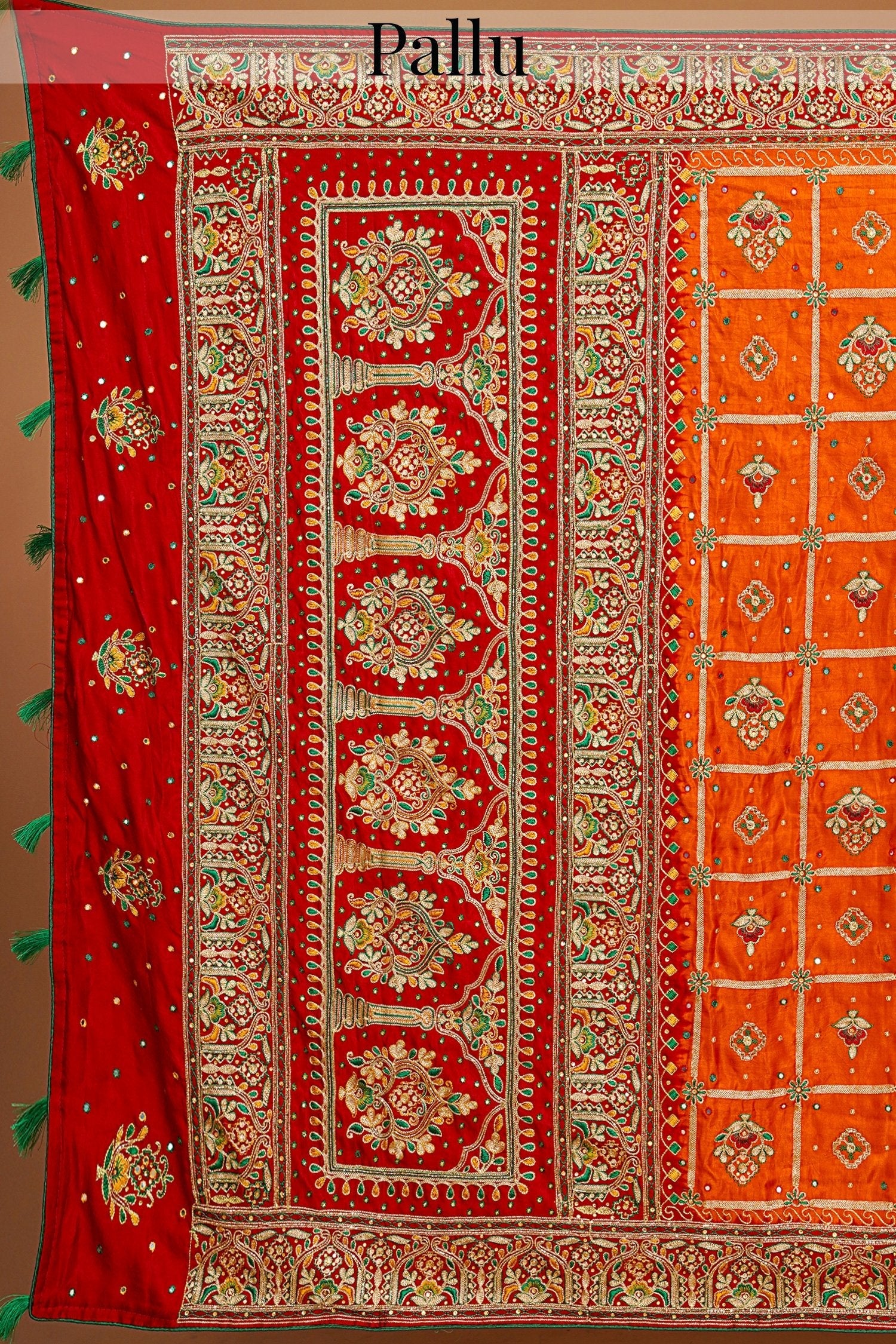 Orange Checks Embroidered Gharchola Saree in Silk with Contrast Border and Pallu