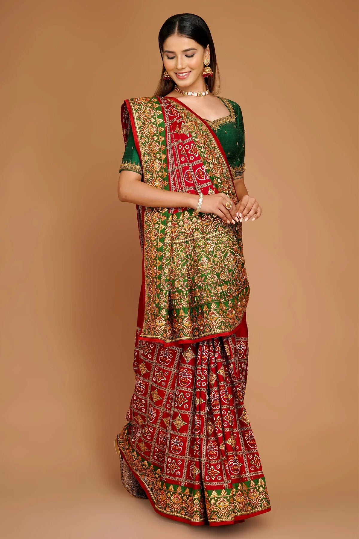 Maroon Traditional Gharchola Saree in Silk with All Over Embroidery - maroon silk saree embroidery