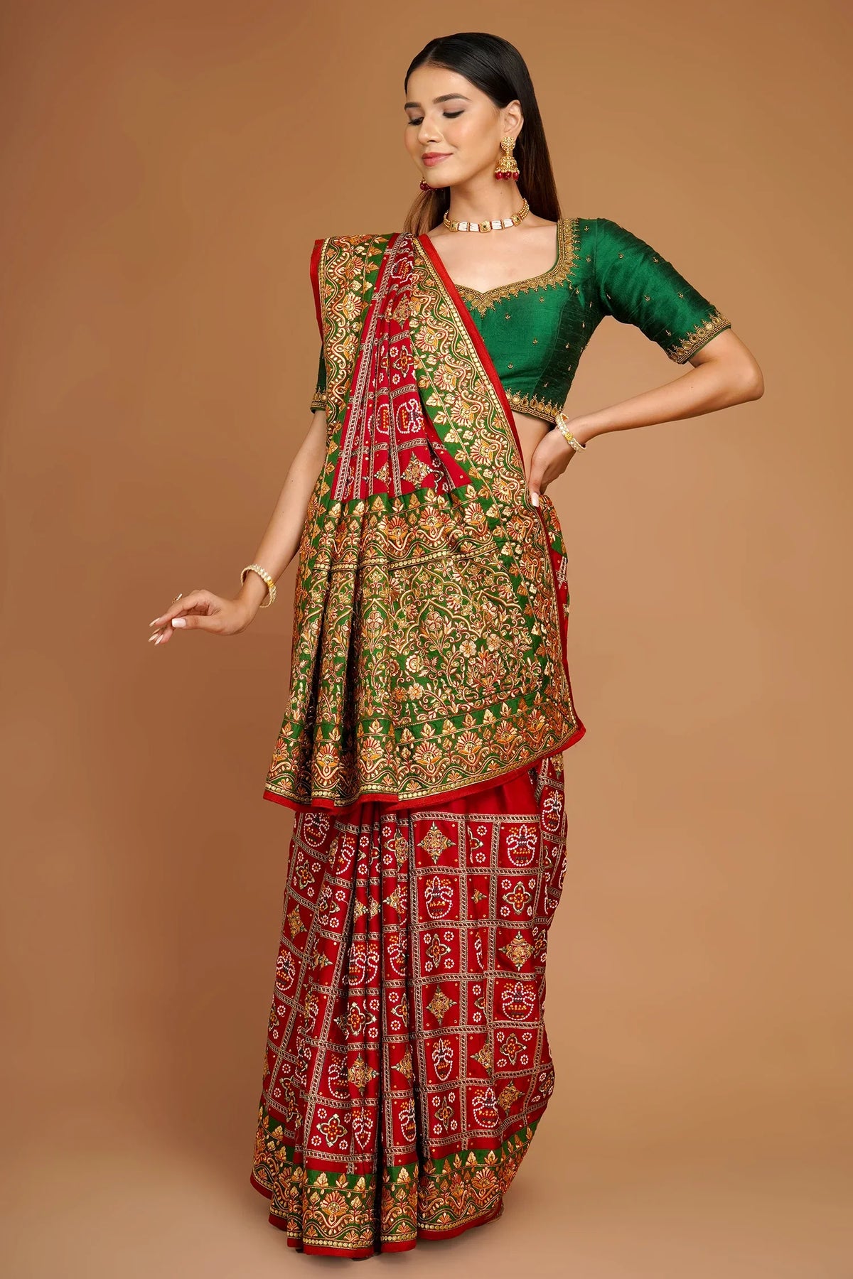 Maroon Traditional Gharchola Saree in Silk with All Over Embroidery - maroon silk saree embroidery