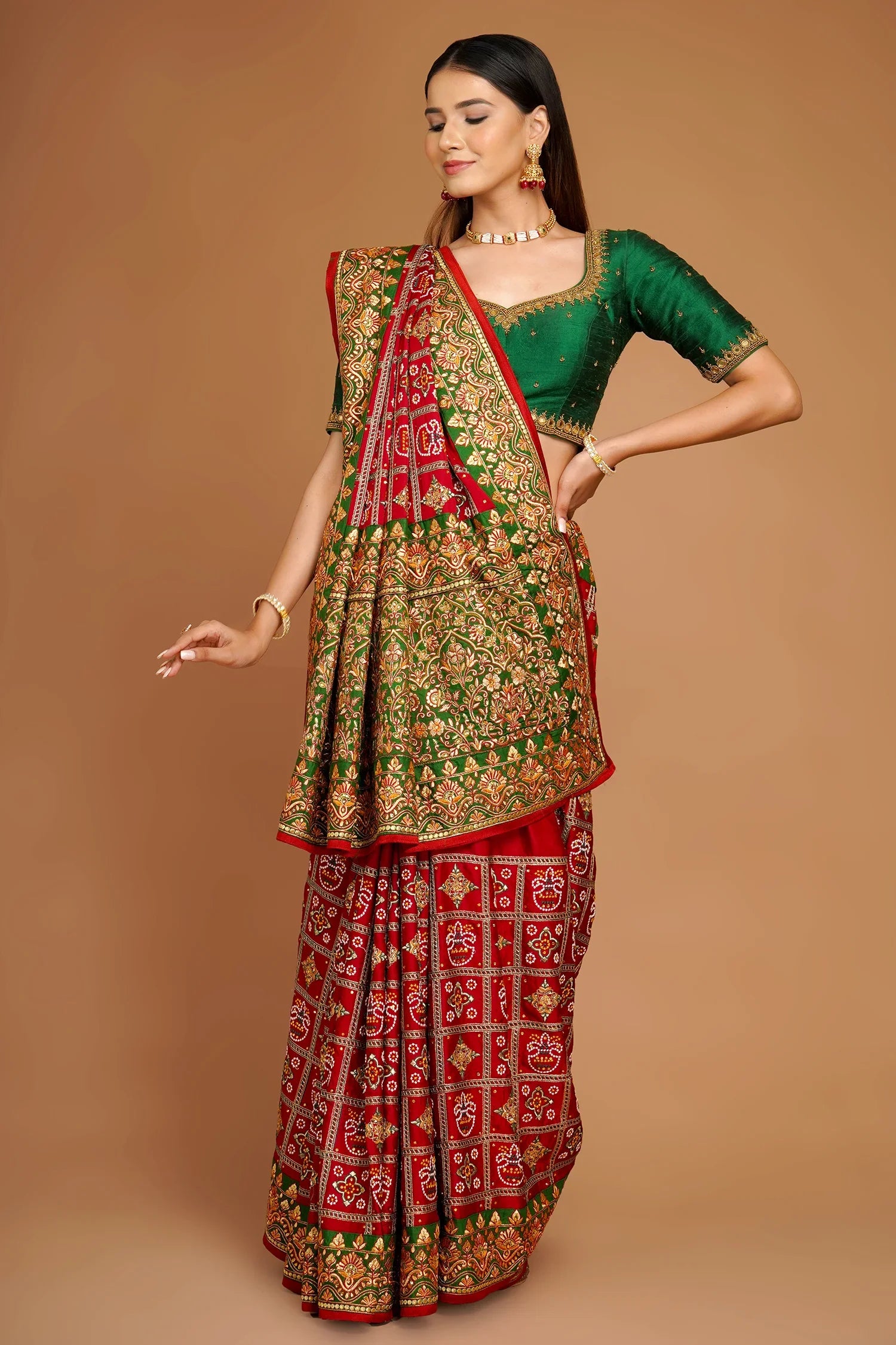 Maroon Traditional Gharchola Saree in Silk with All Over Embroidery - maroon silk saree embroidery