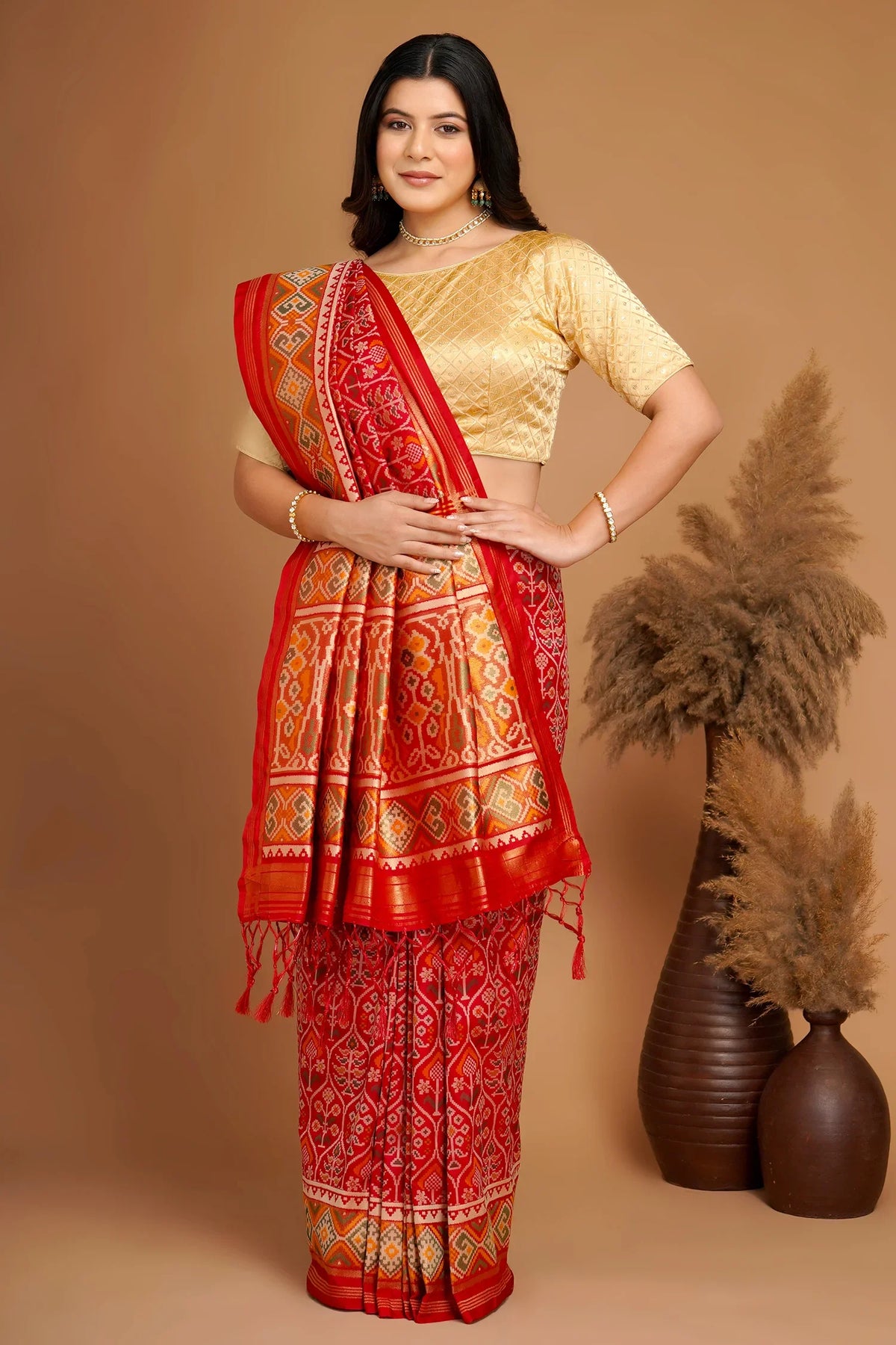 Red Traditional Patola Woven Saree in Silk - red silk saree patola