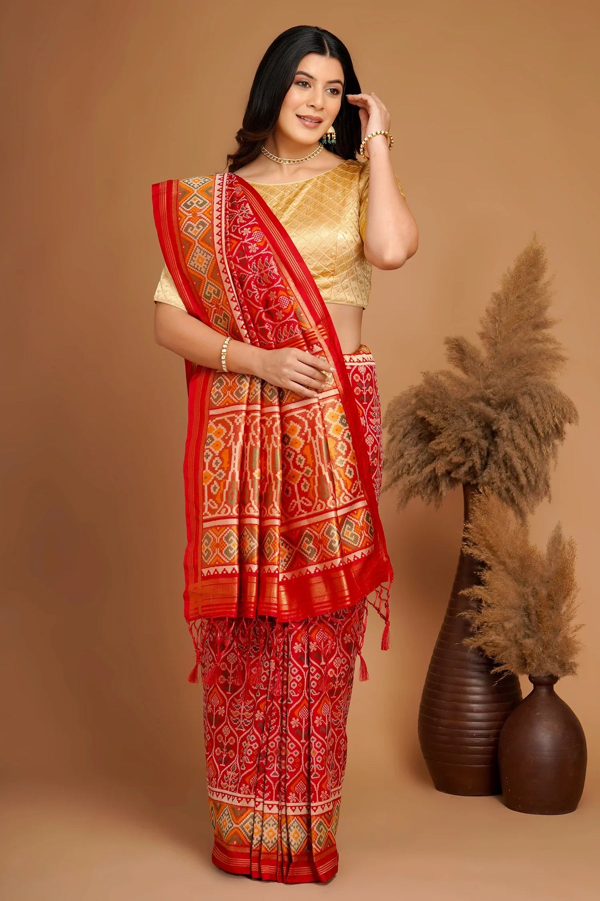 Red Traditional Patola Woven Saree in Silk - red silk saree patola