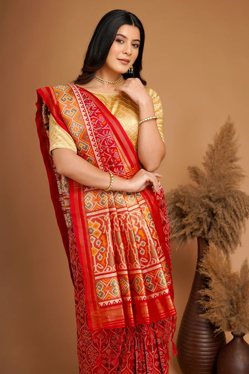 Red Traditional Patola Woven Saree in Silk - red silk saree patola