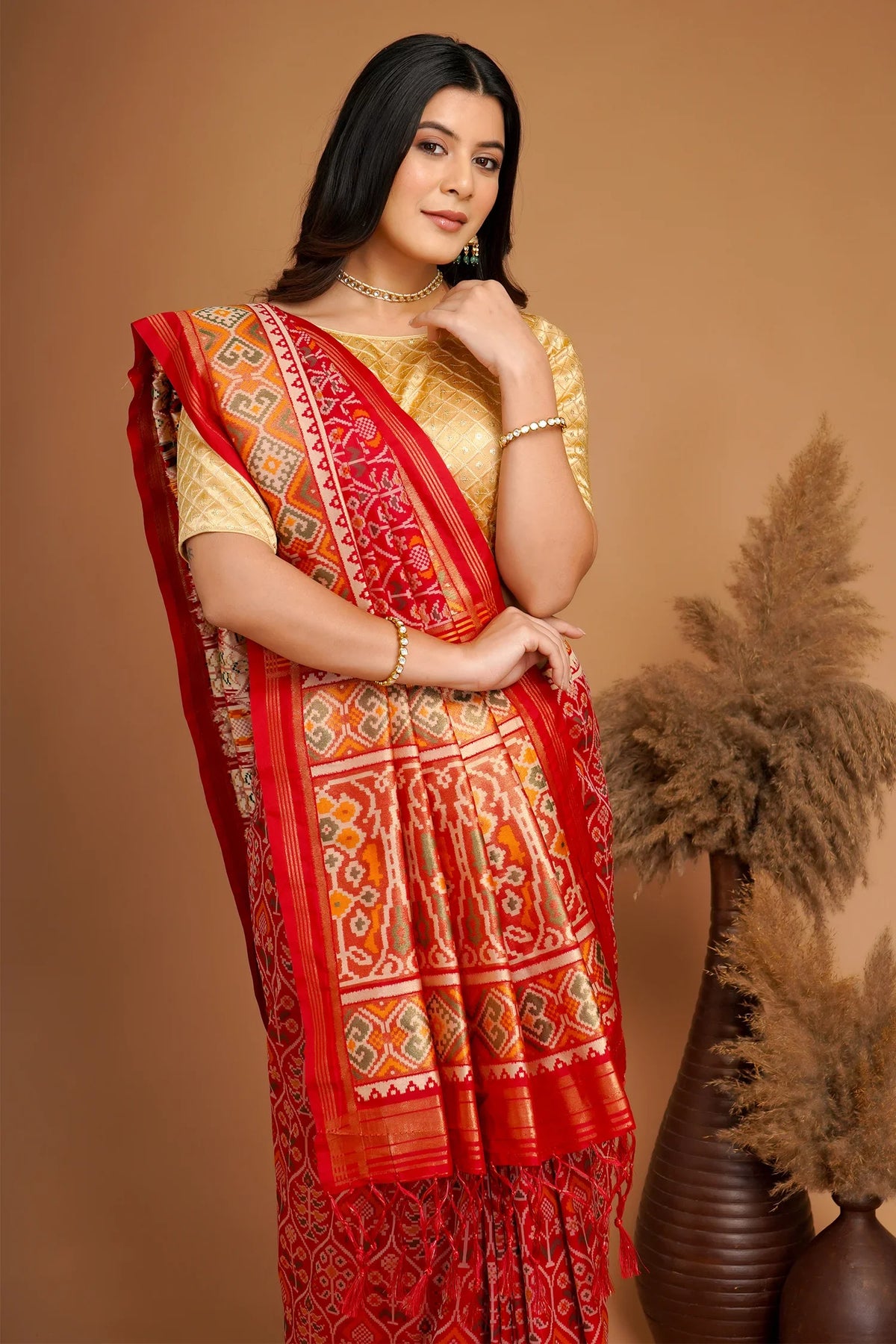 Red Traditional Patola Woven Saree in Silk - red silk saree patola