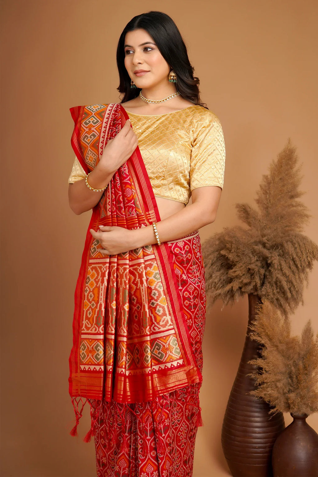 Red Traditional Patola Woven Saree in Silk - red silk saree patola