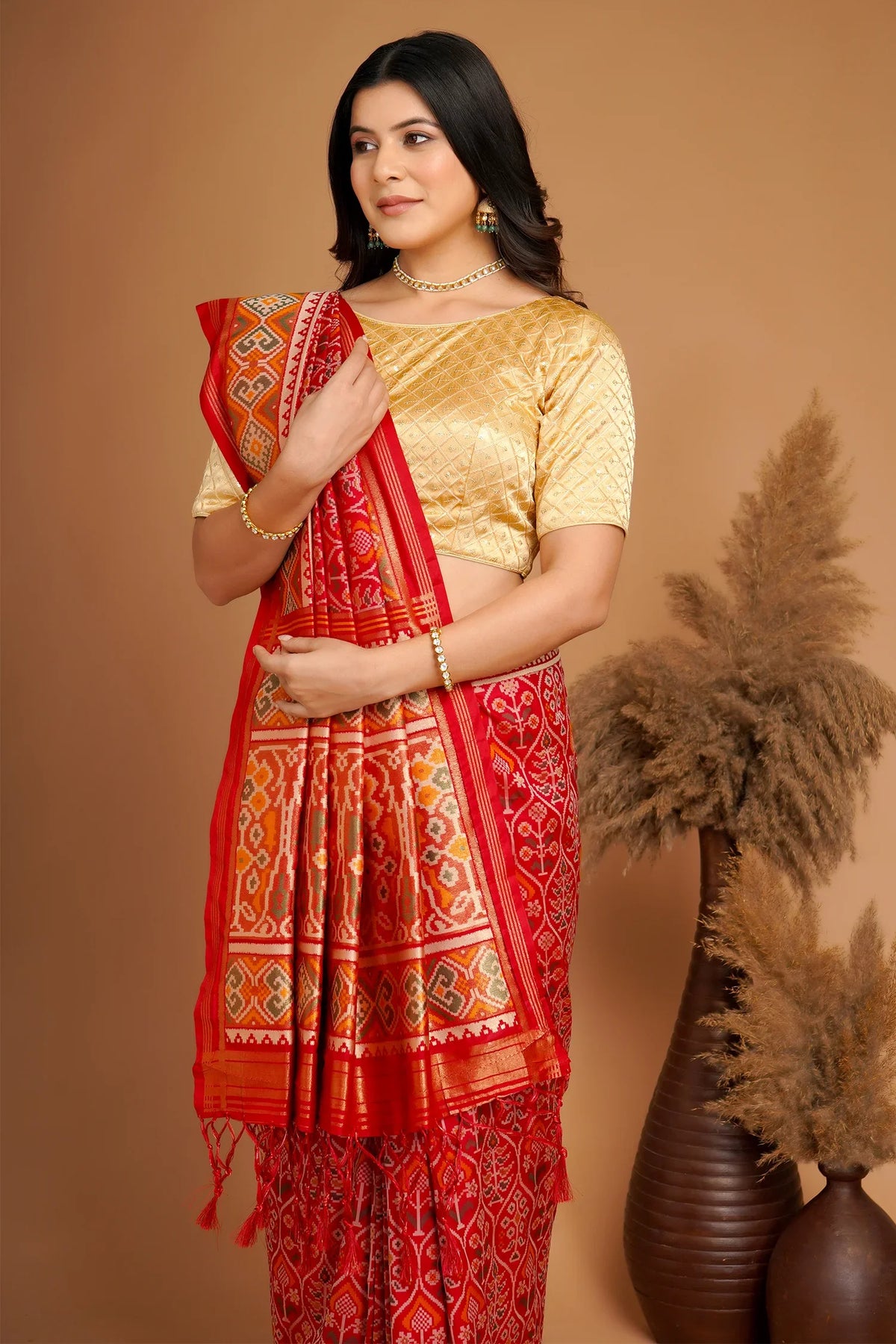 Red Traditional Patola Woven Saree in Silk - red silk saree patola