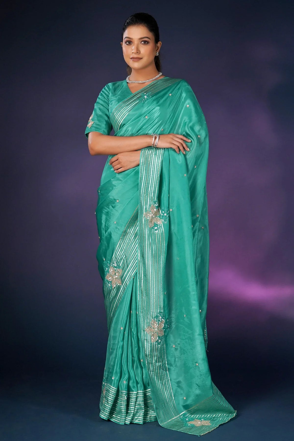Sea Green Tissue Silk Saree with Sequin Border - green silk saree