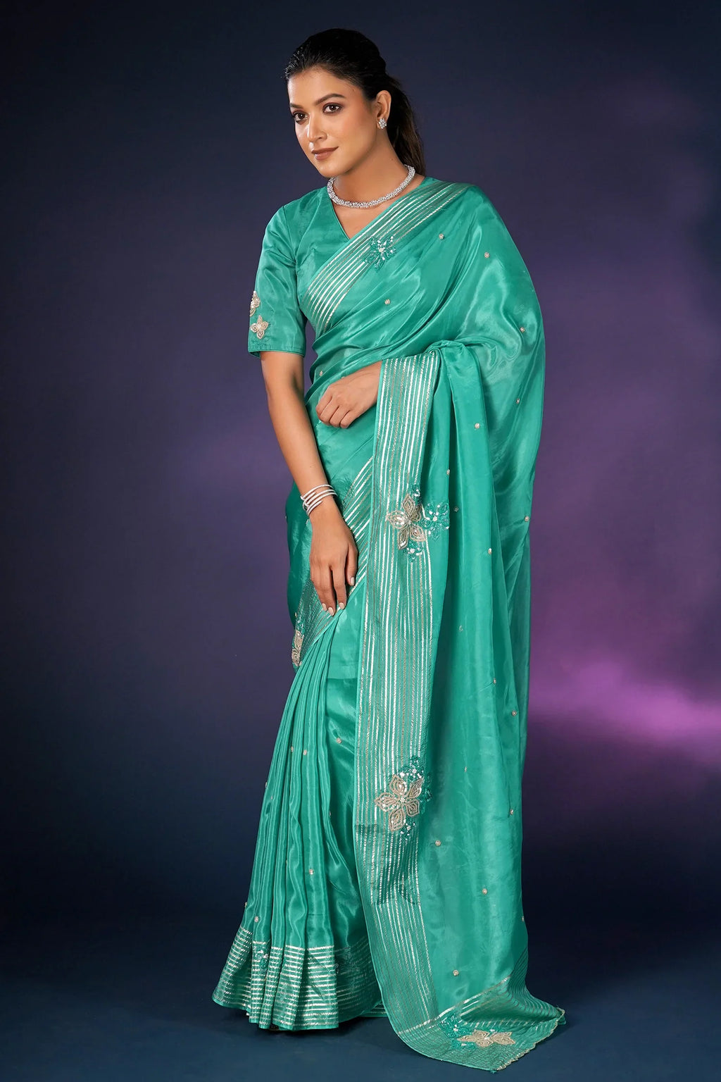 Sea Green Tissue Silk Saree with Sequin Border - green silk saree