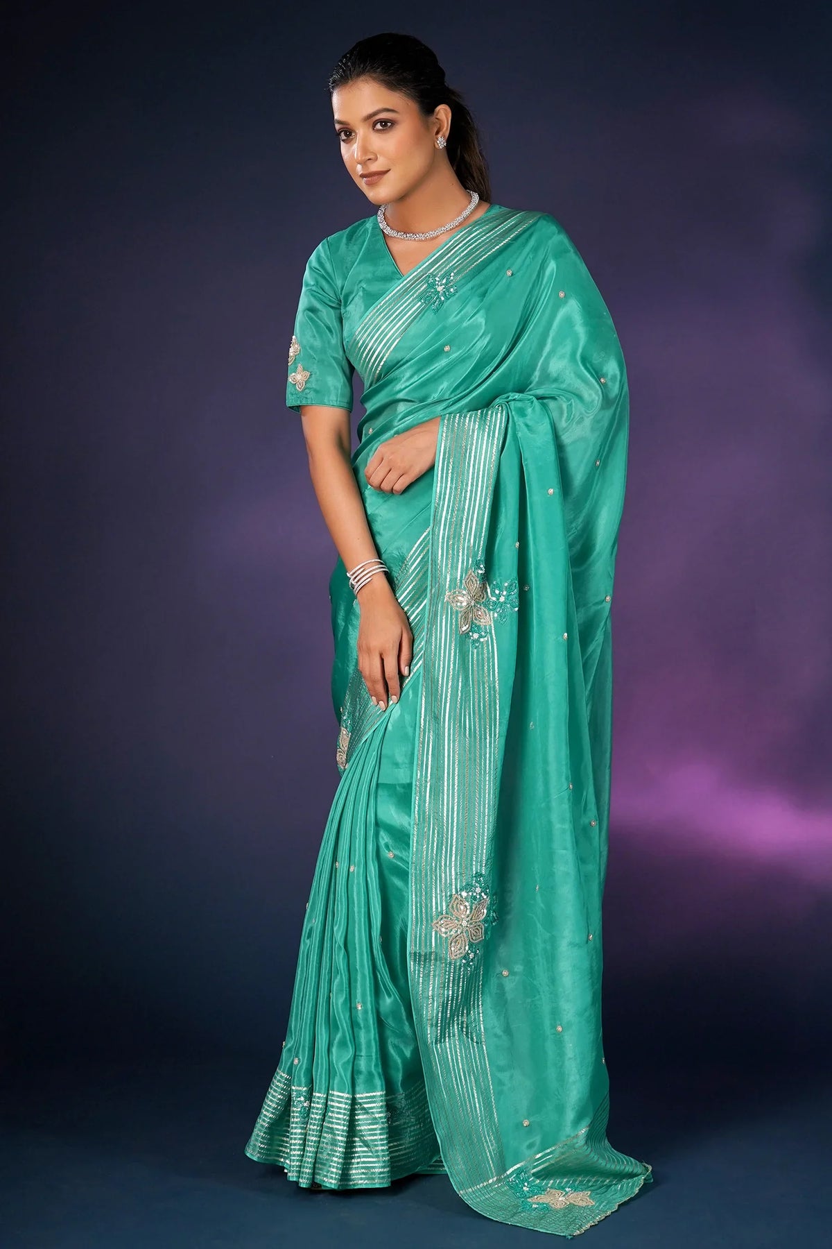 Sea Green Tissue Silk Saree with Sequin Border - green silk saree