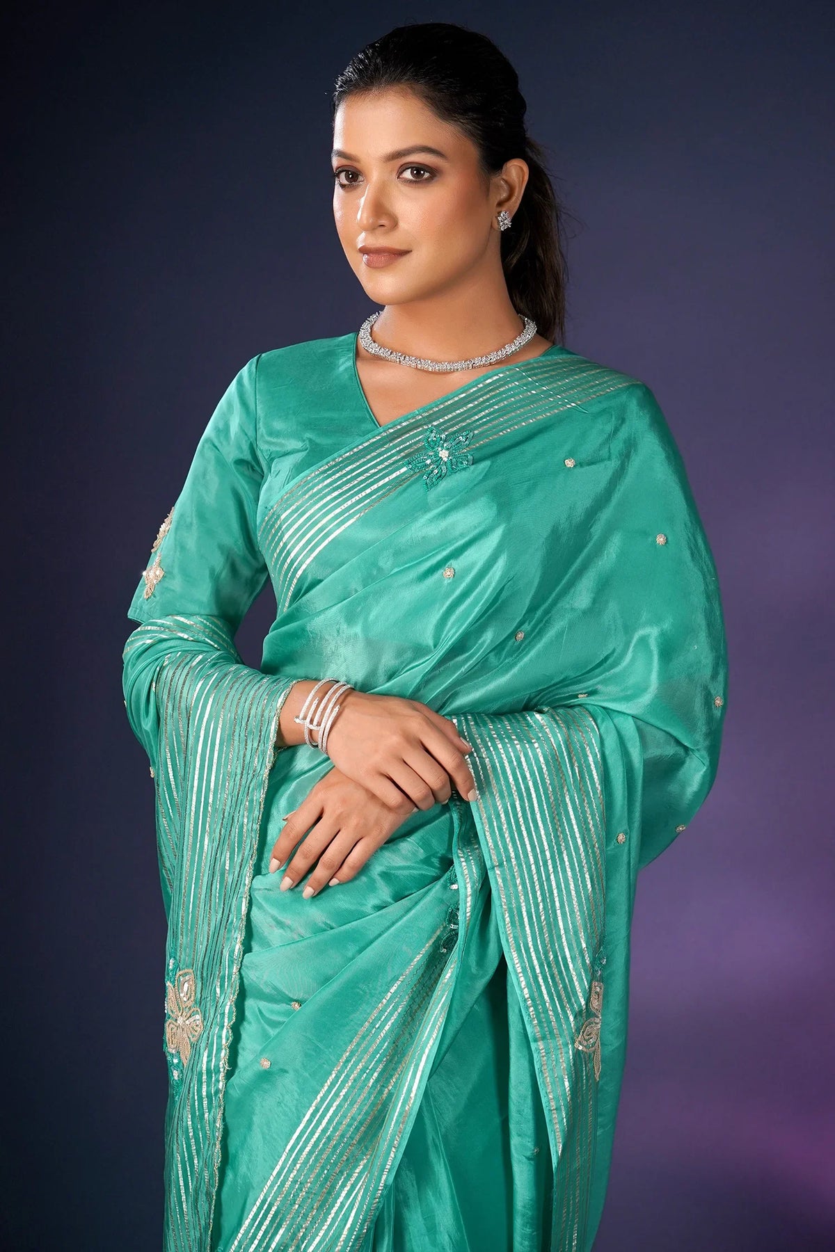 Sea Green Tissue Silk Saree with Sequin Border - green silk saree