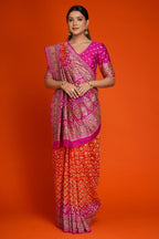 Rani Pink and Orange Bandhej Print Saree in Silk with Contrast Embroidery - orange silk saree bandhej