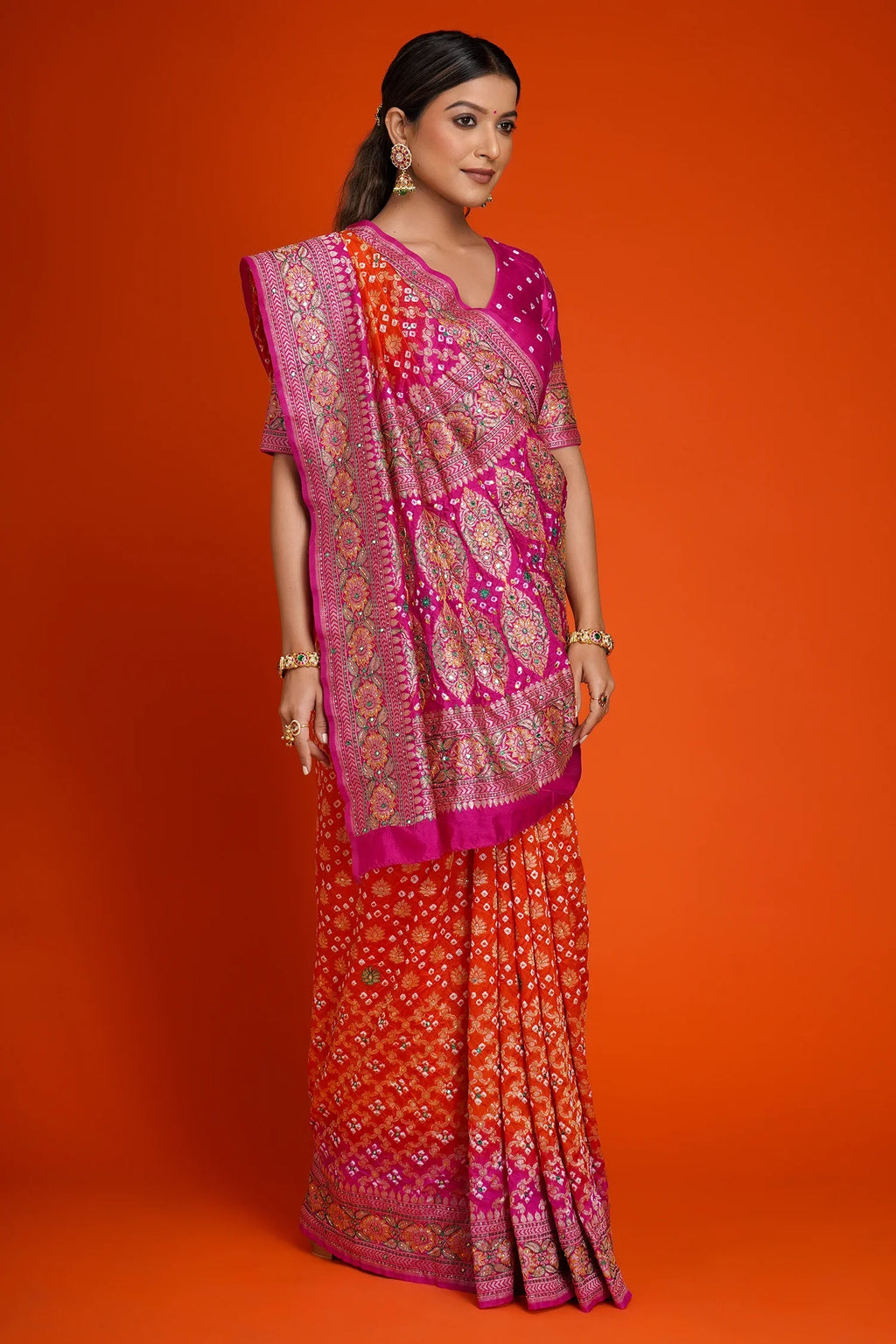 Rani Pink and Orange Bandhej Print Saree in Silk with Contrast Embroidery - orange silk saree bandhej