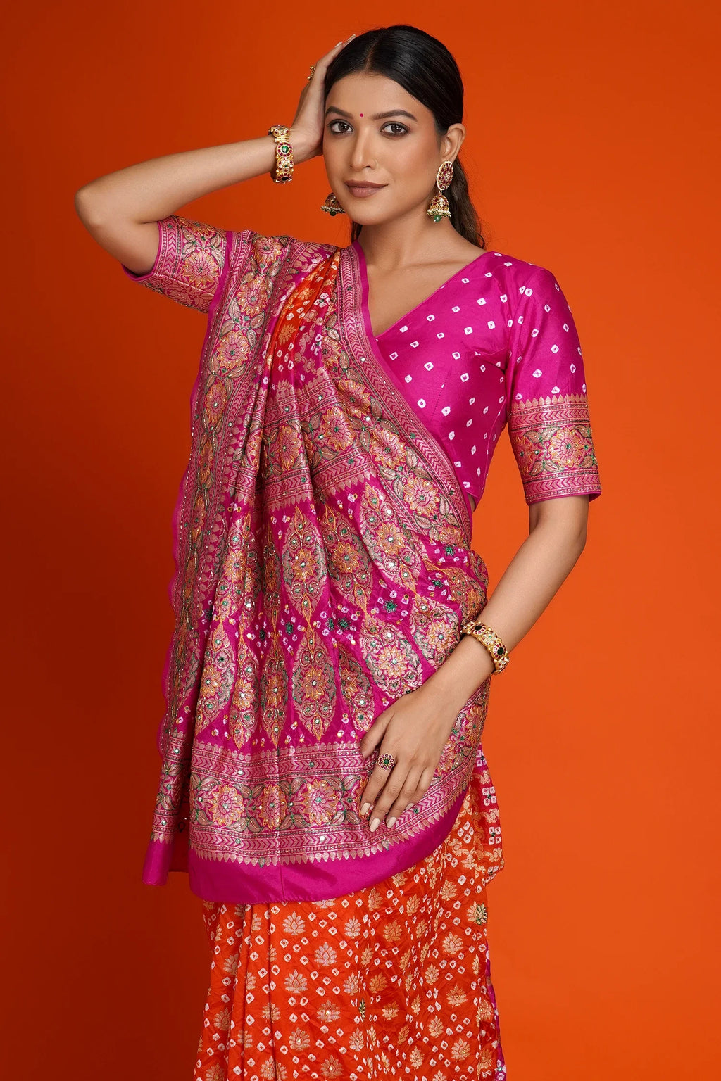 Rani Pink and Orange Bandhej Print Saree in Silk with Contrast Embroidery - orange silk saree bandhej