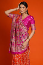 Rani Pink and Orange Bandhej Print Saree in Silk with Contrast Embroidery - orange silk saree bandhej