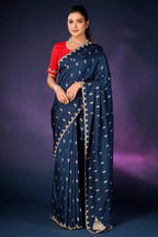 Peacock Blue Embroidery and Sequins Work Saree in Art Silk - blue silk saree embroidery