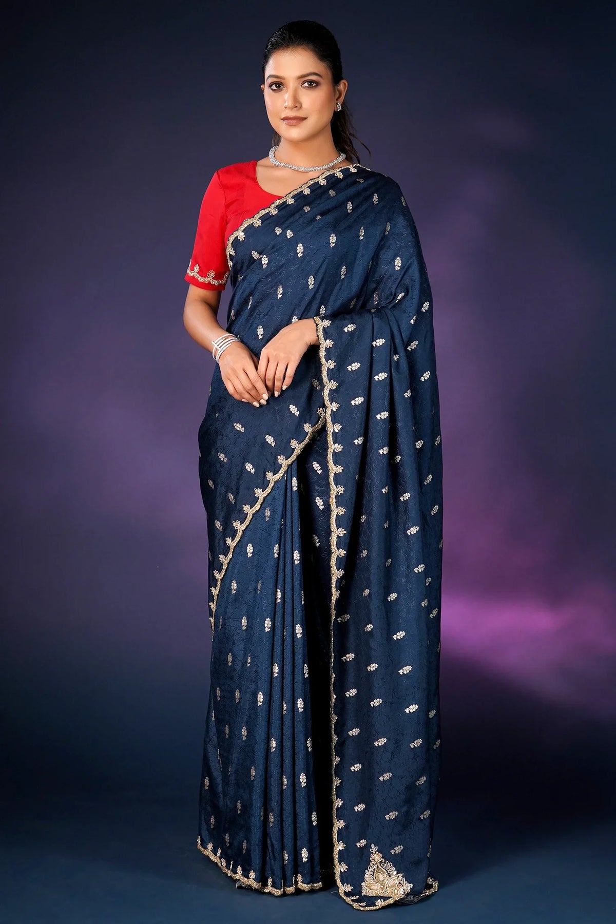 Peacock Blue Embroidery and Sequins Work Saree in Art Silk - blue silk saree embroidery
