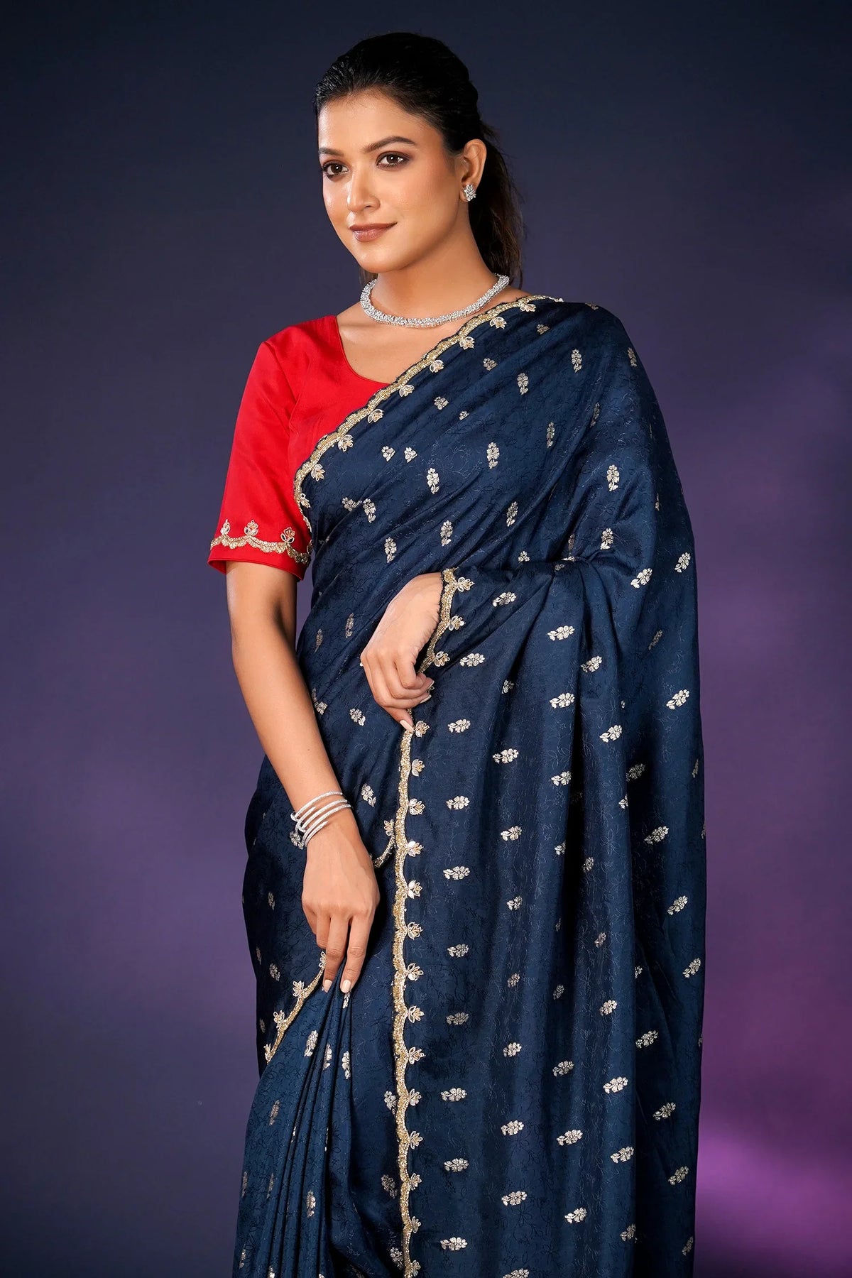 Peacock Blue Embroidery and Sequins Work Saree in Art Silk - blue silk saree embroidery