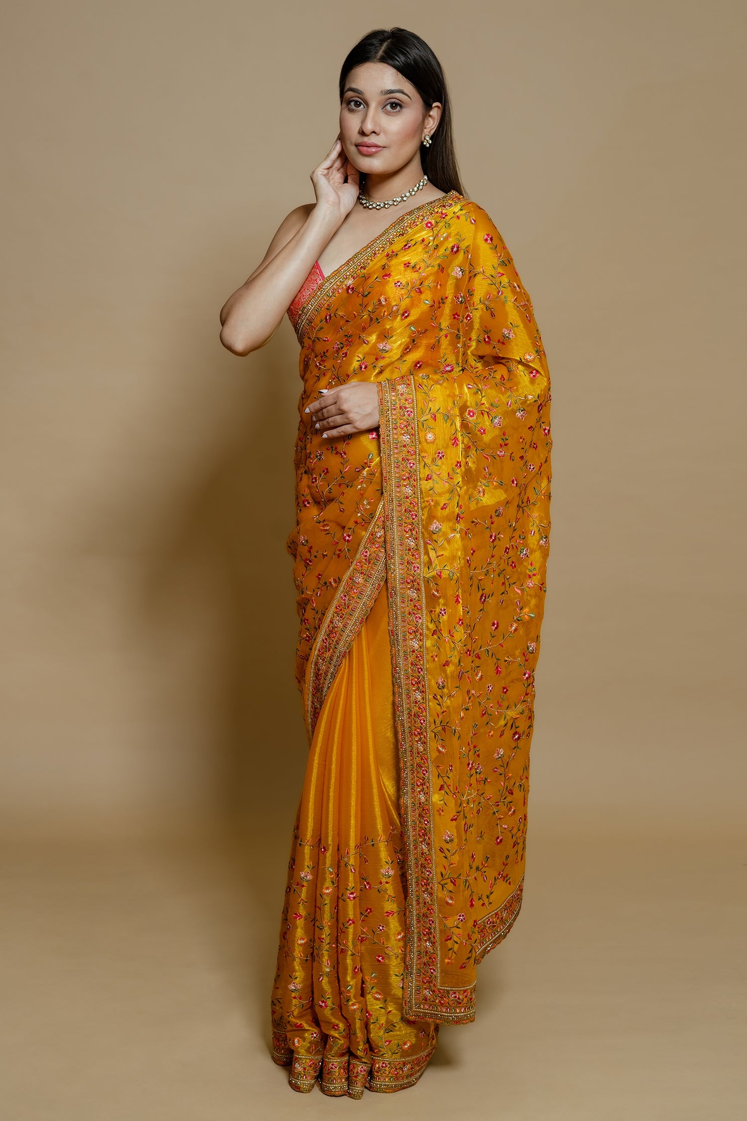 Orange Shimmer Organza Embroidered Saree - red organza saree embroidered