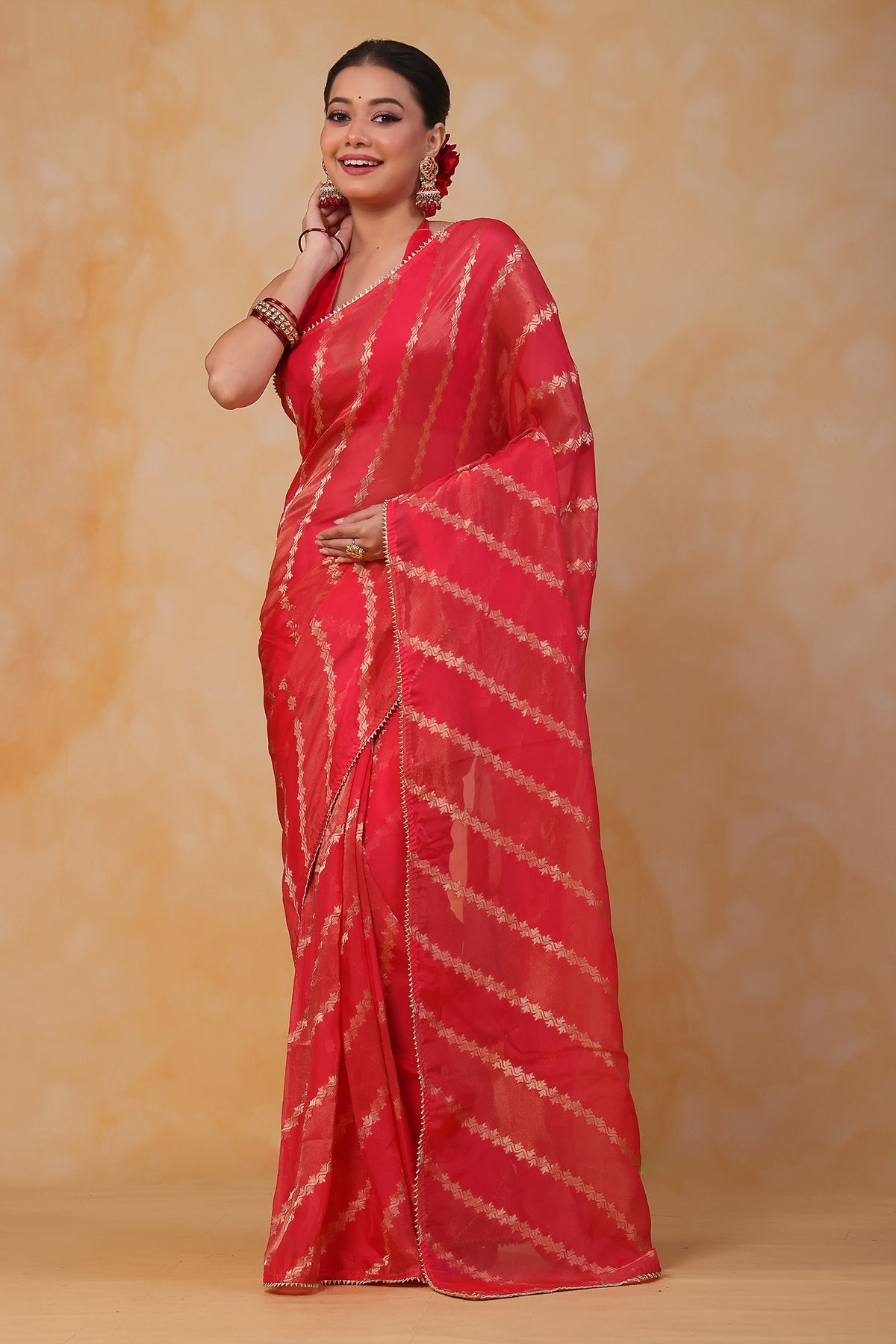 Pink Organza Tissue Saree with Weaving - pink organza saree