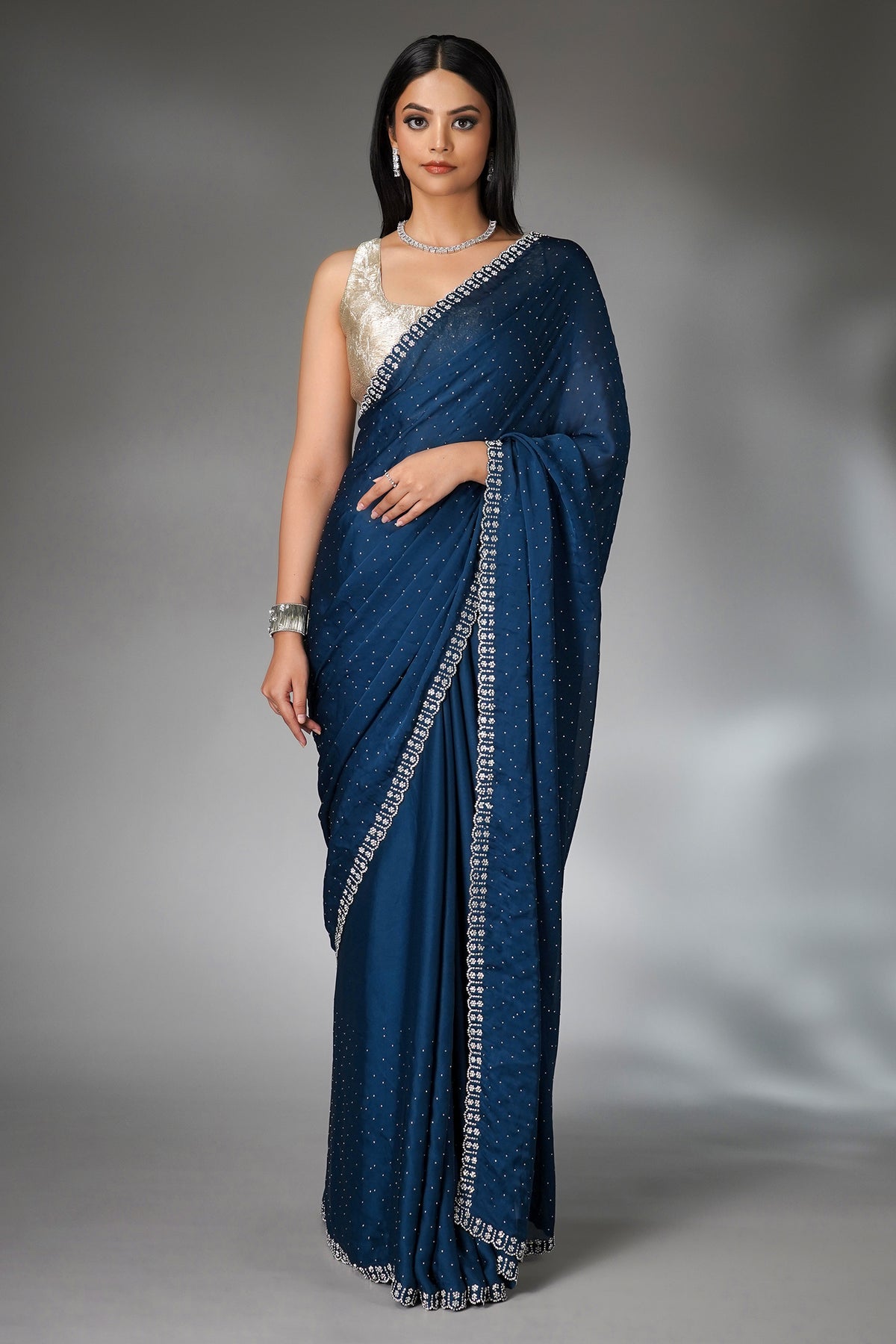 Prussian Blue Satin Georgette Diamond Worked Saree