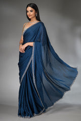 Prussian Blue Satin Georgette Diamond Worked Saree