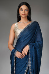Prussian Blue Satin Georgette Diamond Worked Saree