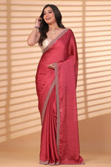 Gajri Pink Satin Silk Saree with Diamond and Cutdana Work