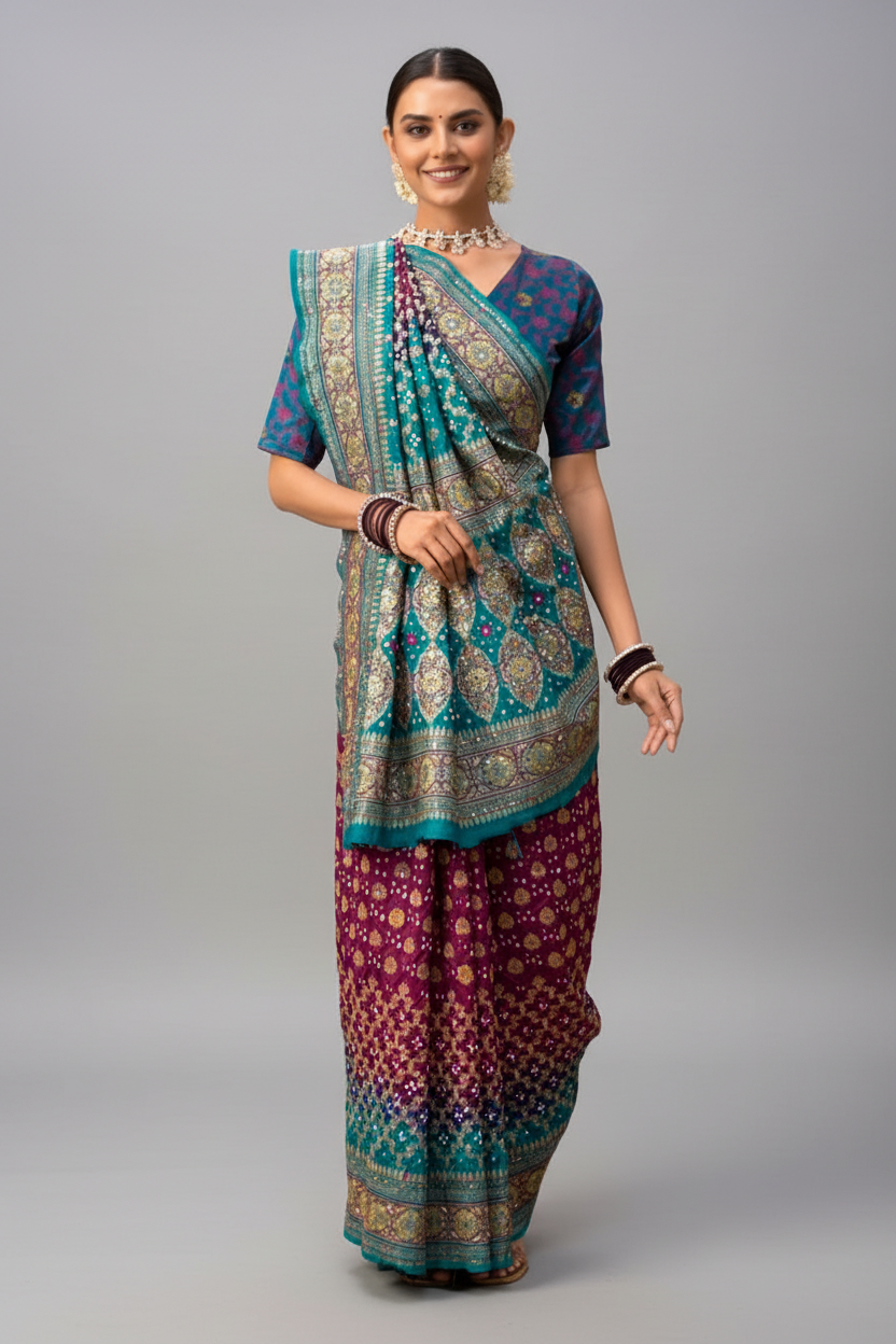 Purple and Teal Green Silk Bandhej Saree with Applique Work on Border