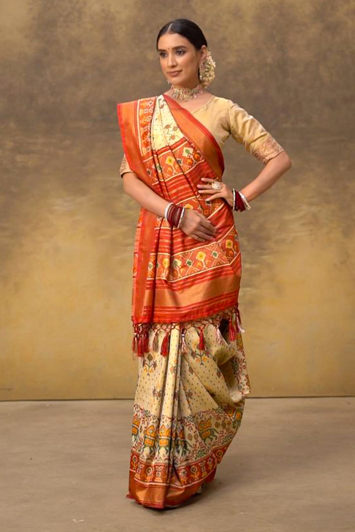 Beige Art Silk Patola Woven Saree with Contrast Pallu and Border - beige silk saree patola