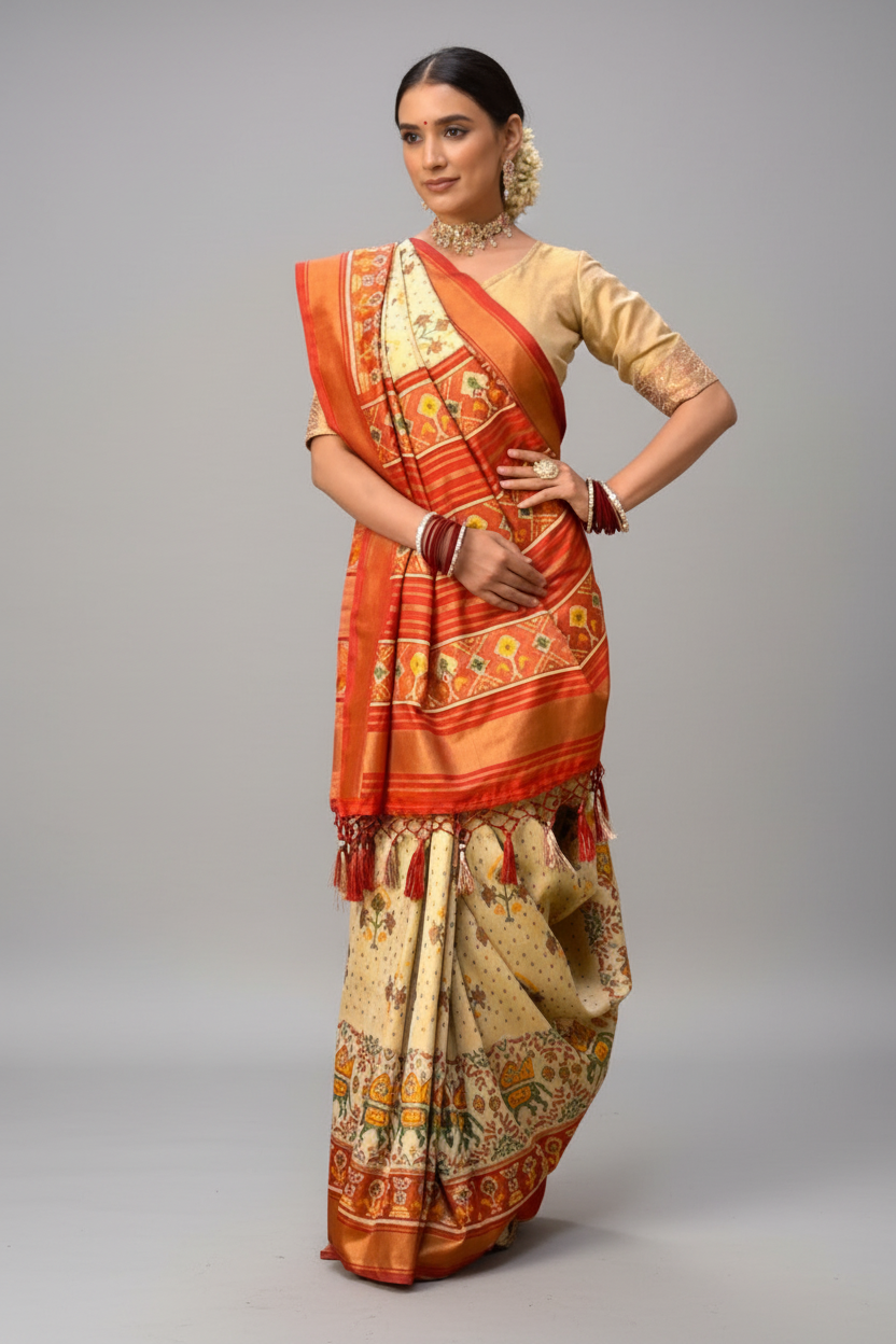 Beige Art Silk Patola Woven Saree with Contrast Pallu and Border
