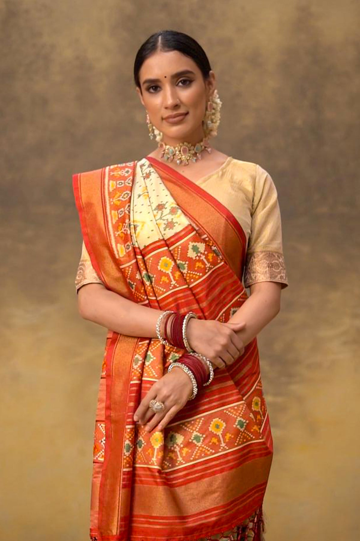 Beige Art Silk Patola Woven Saree with Contrast Pallu and Border - beige silk saree patola