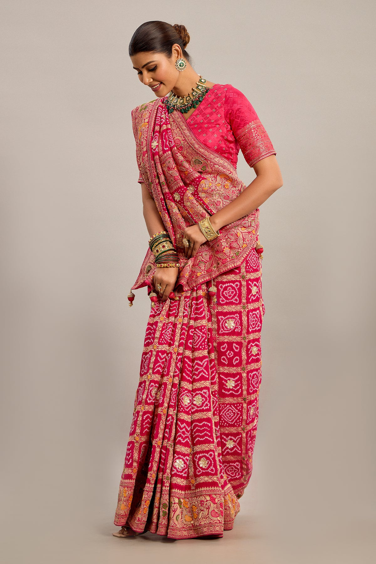 Pink Georgette Checks Bandhej Woven Saree with Pitta and Cutdana Work - pink georgette saree bandhej