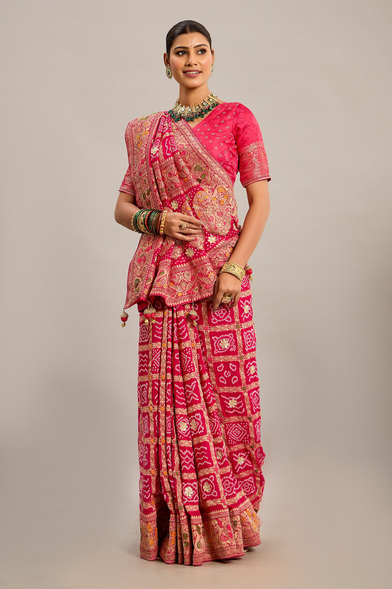 Pink Georgette Checks Bandhej Woven Saree with Pitta and Cutdana Work - pink georgette saree bandhej Main image